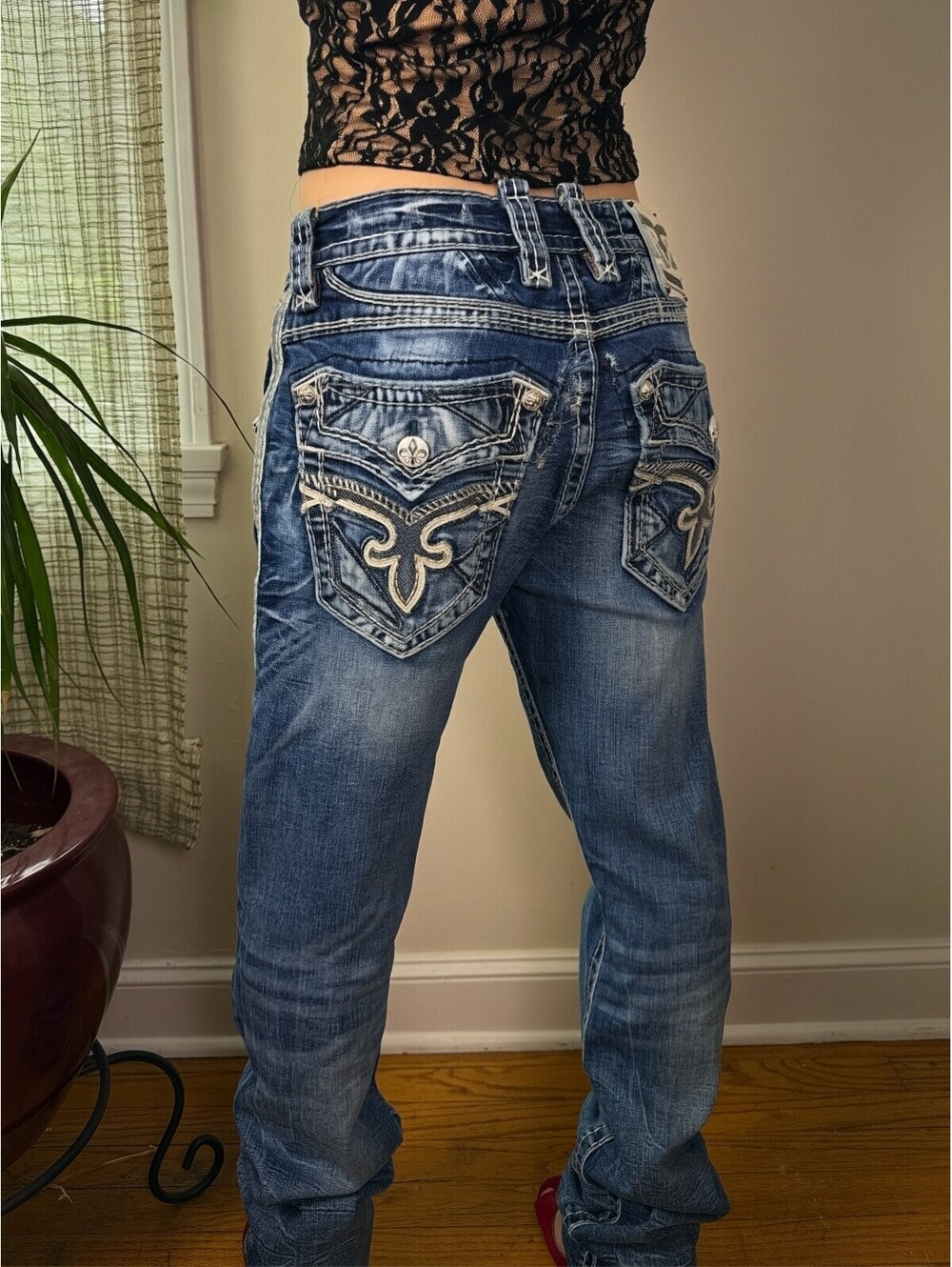 Rock Revival Bard Men's Slim Straight Jeans W30 Embroidered Fleur de Lis